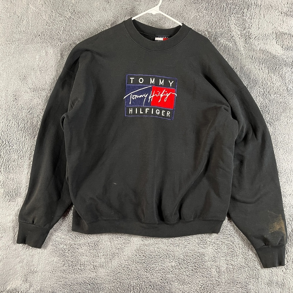 Vintage Tommy Hilfiger Sweatshirt Mens 3XL Black Big Spellout Logo Crew Neck